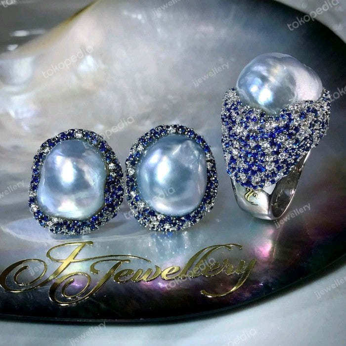 Antique South Sea Baroque Pearls + Sapphire + Diamond