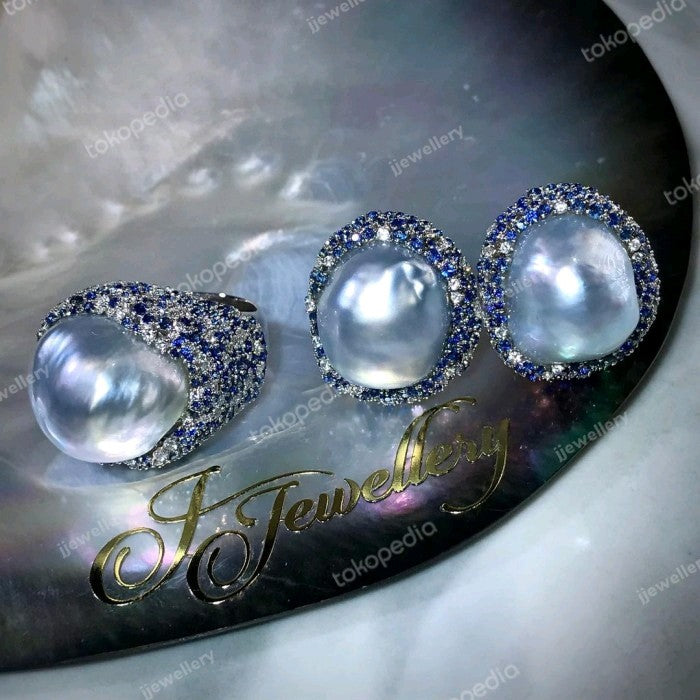 Antique South Sea Baroque Pearls + Sapphire + Diamond